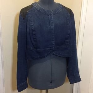 Denim cropped jacket with faux leather shoulders